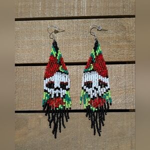 Red Floral Skull Boutique Seedbead Earrings
